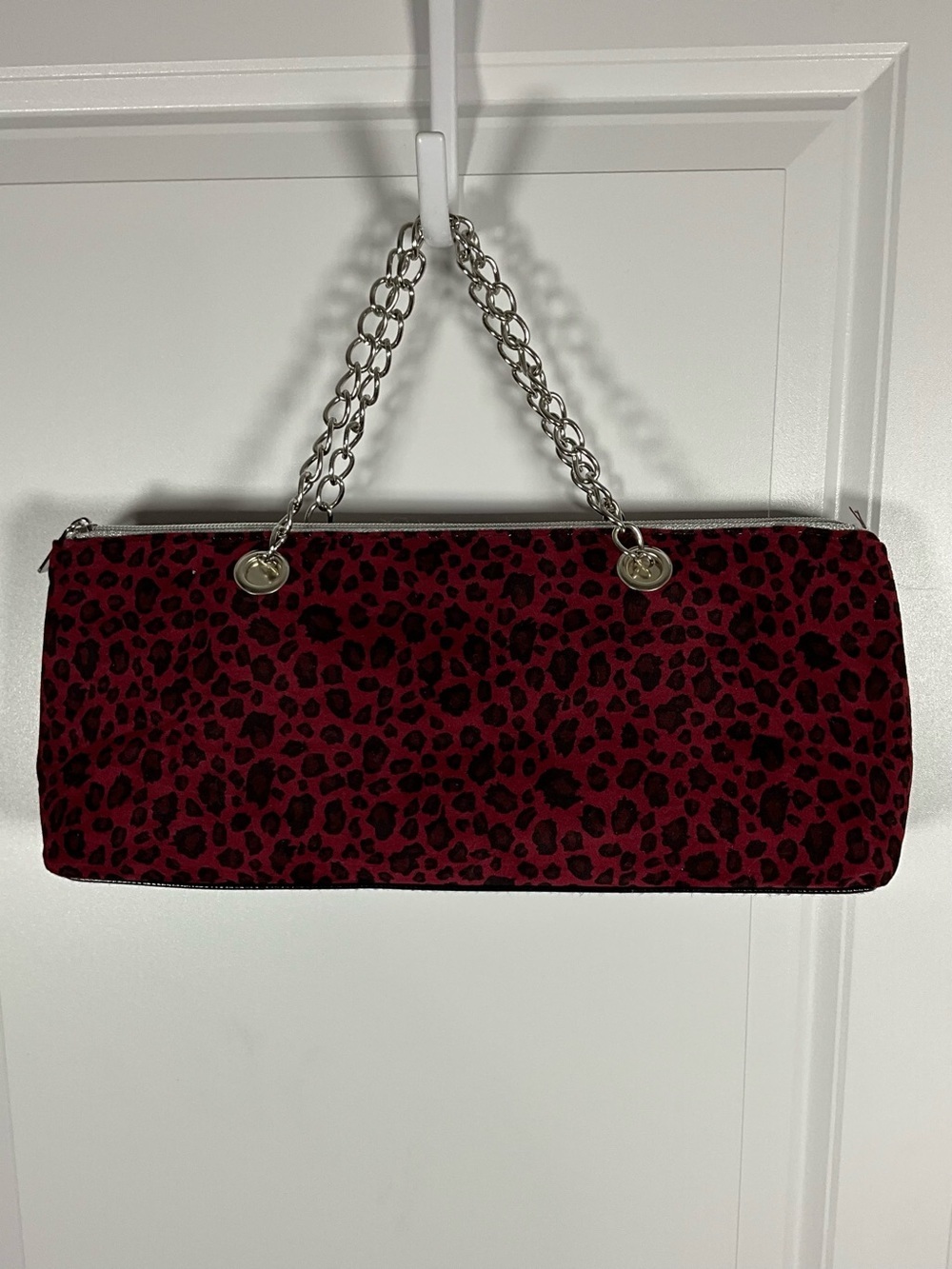 Red Leopard Print Insulated Double Wine Tote Silver Chain Handles Matching Cork